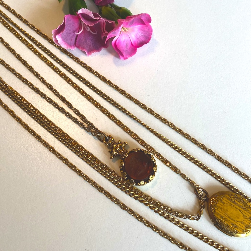 Vintage Four Strand Goldtone Necklace with Locket and Brown Glass Cameo